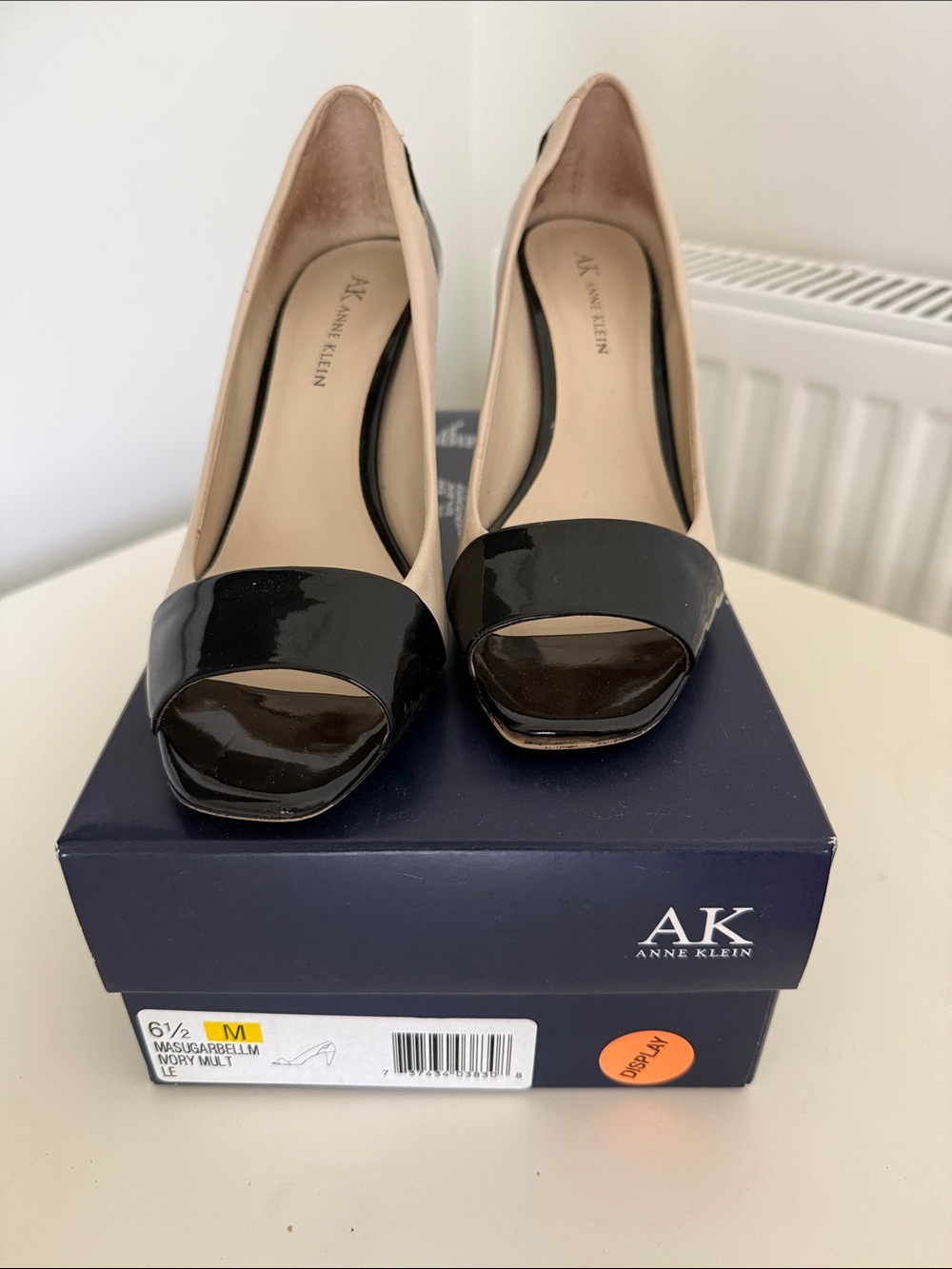Anne Klein Black Patent and Beige Open-Toe Pumps